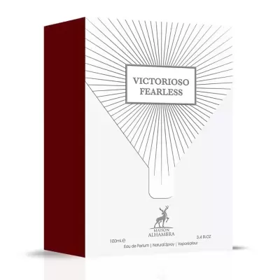 Embalagem branca e vermelha de perfume VICTORIOSO FEARLESS com logotipo Maison de ALHAMBRA