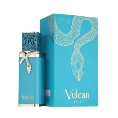 Perfume Vulcan Feu com caixa azul e decoração de serpente prateada
