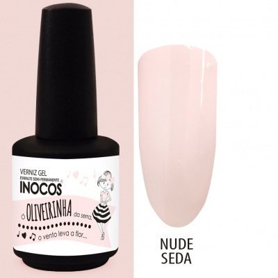 Frasco de verniz gel preto com rótulo branco e amostra de cor nude seda