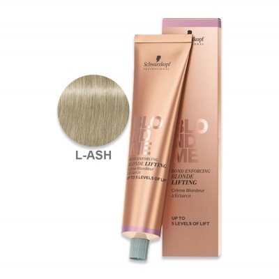 Tubo e caixa de creme para cabelo Schwarzkopf BlondMe com amostra de cor L-ASH