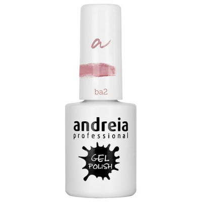 Frasco branco de verniz gel 'andreia professional' com tampa branca e texto preto