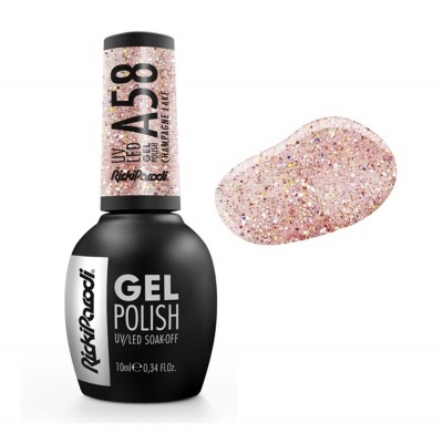 Frasco de esmalte de gel preto com tampa rosa glitter e amostra da cor glitter champagne