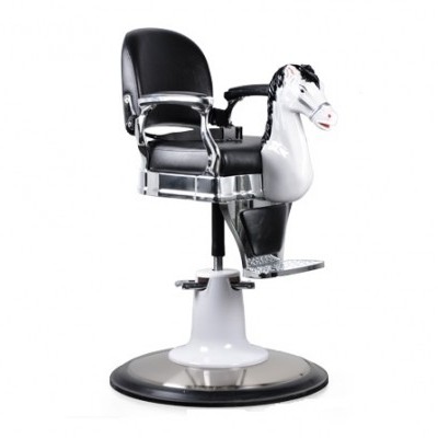 cadeira de barbeiro estilo cavalo branco com assento preto e base metálica