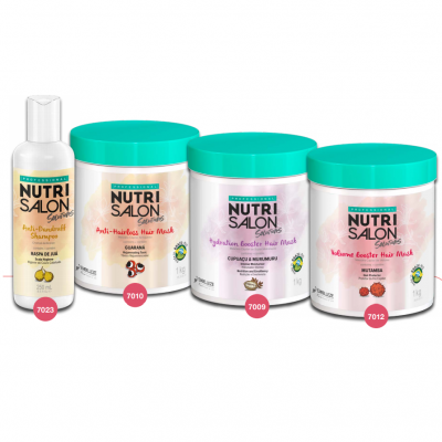 Produtos capilares Nutri Salon com shampoo e máscaras de cabelo em embalagens brancas com tampa verde-água.