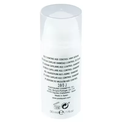 Frasco branco de sérum capilar POSTQUAM com tampa translúcida e texto preto