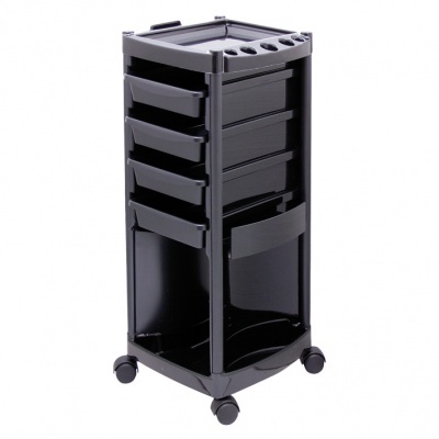 Carrinho auxiliar de salão preto com gavetas e rodas
