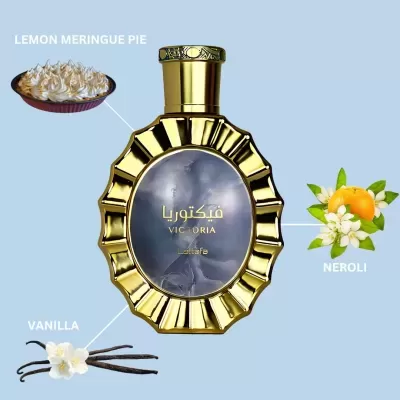 Frasco dourado decorativo de perfume Victoria e descrição de fragrâncias