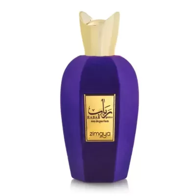 Frasco de perfume roxo com tampa dourada e etiqueta dourada