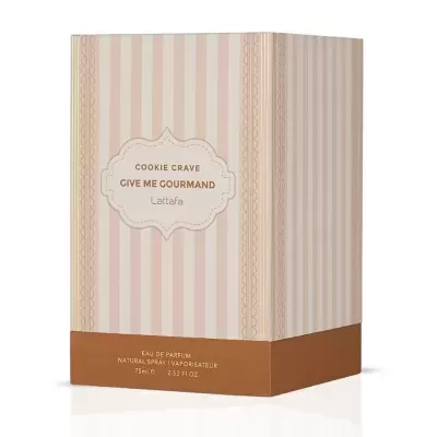 Embalagem de perfume listrada em tons pastel com texto em dourado e marrom