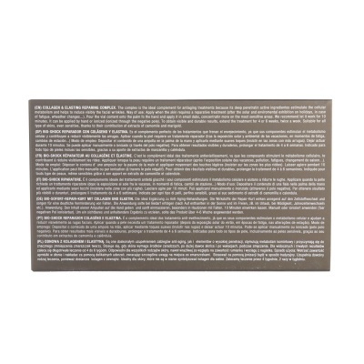 Caixa castanha com texto explicativo em inglês sobre complexo de colágeno e elastina