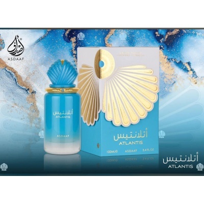 Frasco de perfume azul com tampa em forma de fênix e caixa azul e branca com detalhes dourados e texto ATLANTIS e ASDAAF