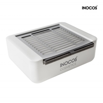 Caixa branca quadrada para cosméticos com grelha cinza e texto INOCOS COSMETICS