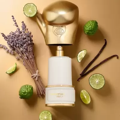 Frasco de perfume branco com tampa dourada em forma de luva de boxe rodeado por limas, frutas verdes, baunilha e lavanda