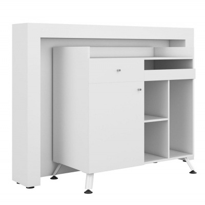 Móvel branco multiusos com porta, gaveta e prateleiras