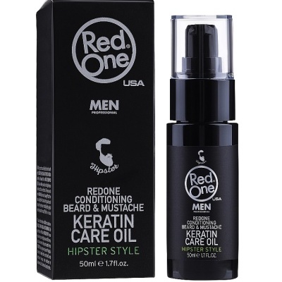 Frasco e caixa preta de óleo Red One para barba e bigode com texto branco