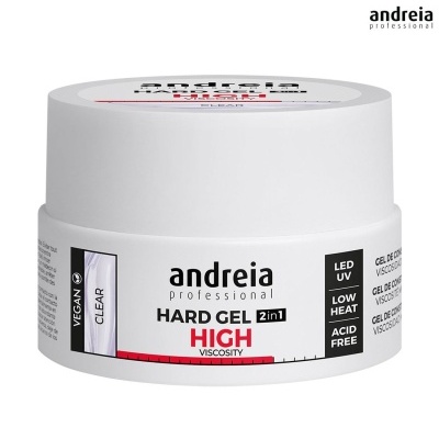 Frasco branco de gel duro para unhas Andreia Professional com texto em preto e vermelho