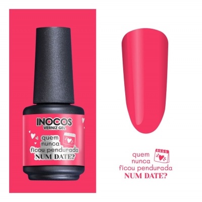 Frasco de verniz gel cor-de-rosa da INOCOS com amostra de unha da mesma cor