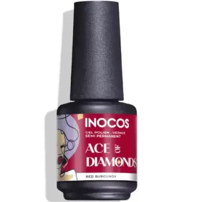 Frasco de verniz gel vermelho borgonha da marca INOCOS com rótulo colorido