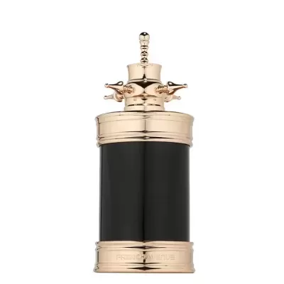 Frasco de perfume preto com detalhes dourados e texto FRENCH AVENUE