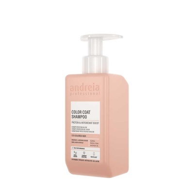 Frasco rosa claro de shampoo Andreia Professional com doseador branco e rótulo branco e preto