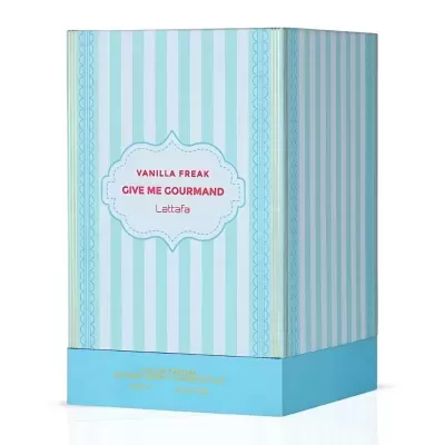 Caixa de perfume azul e branca com texto VANILLA FREAK GIVE ME GOURMAND