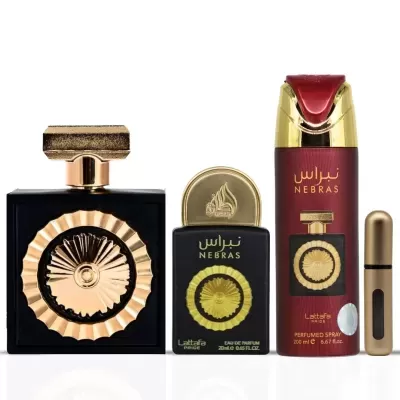 Conjunto de perfumes Lattafa Pride Nebras em frascos preto, dourado e vermelho sobre fundo branco