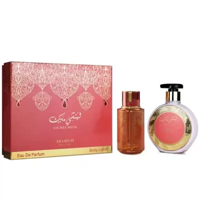 Conjunto de cosméticos Lychee Musk com embalagem vermelha decorativa e dois frascos de perfume e loção corporal