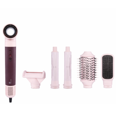 Utensílios de salão unificados em rosa claro e roxo escuro com secador de cabelo e acessórios