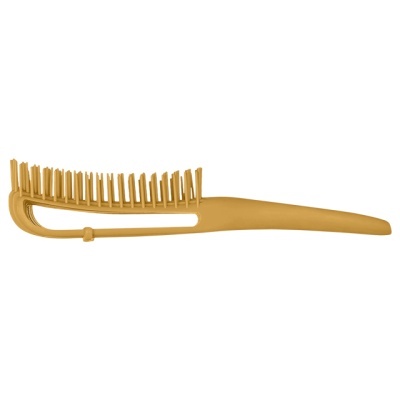 Pente amarelo de plástico com dentes espaçados e cabo