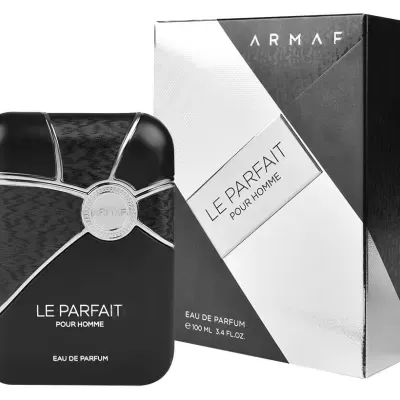 Frasco preto de perfume masculino ARMAF Le Parfait com caixa preta e prateada