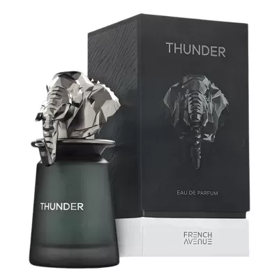 Frasco e caixa de perfume Thunder com tampa em forma de cabeça de elefante prateada