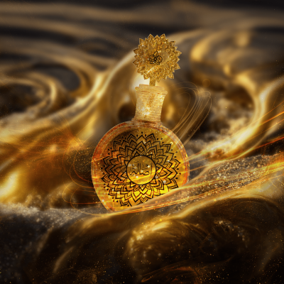 Frasco de perfume dourado decorativo sobre fundo dourado abstrato