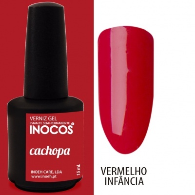 Frasco de verniz gel vermelho Inocos com amostra da cor chamada cachopa