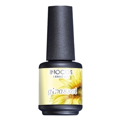 Frasco de verniz gel INOCOS girassol com tampa preta e etiqueta amarela com girassol