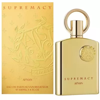 Perfume Supremacy da Afnan em frasco dourado com embalagem dourada em relevo