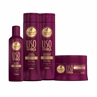 Produtos Haskell Liso & Força em embalagens roxas com texto dourado