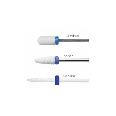 Três fresas de manicure brancas com haste metálica e anel azul