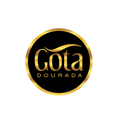Logótipo circular preto com texto dourado 'Gota Dourada'