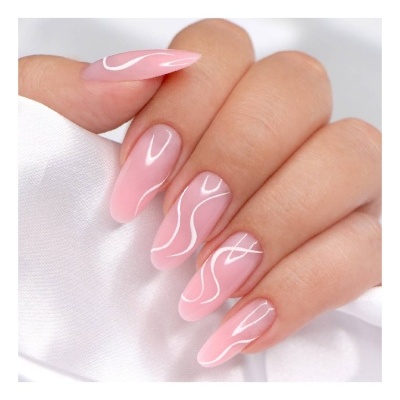Unhas artificiais rosa claro com linhas brancas onduladas