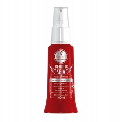 Frasco de fluído protetor térmico para cabelo da marca Haskell, vermelho com tampa branca de spray