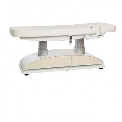 Cama de massagem branca e bege com estrutura metálica e base sólida