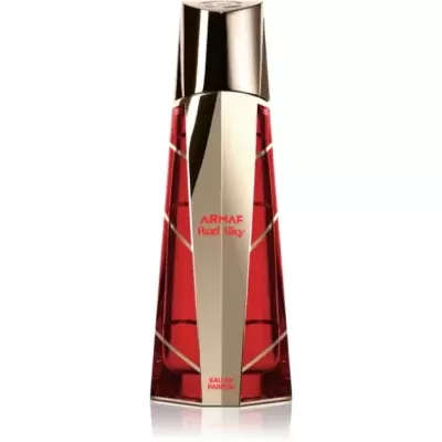 Frasco de perfume vermelho e dourado com texto ALFARE Red Noir