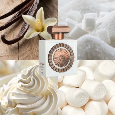 Perfume branco com tampa cobre decorada e texto NEBRAS ELIXIR Lattafa com ingredientes como baunilha, açúcar e chantilly