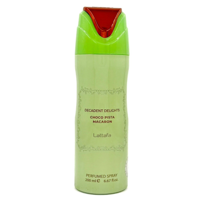 Frasco verde claro com tampa vermelha de spray perfumado Lattafa Decadent Delights