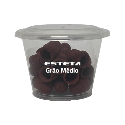 Recipiente plástico com pequenos rolos marrons e texto ESTETA Grão Médio