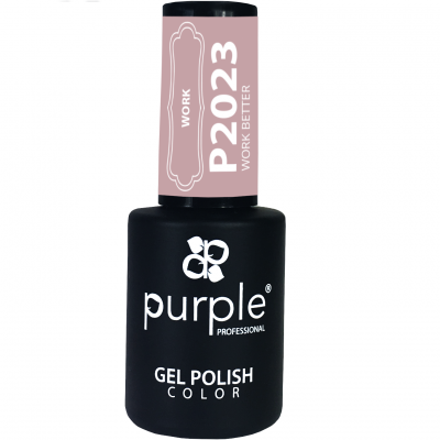 Frasco de verniz gel para unhas preto com rótulo rosa claro e texto branco.