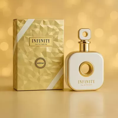 Frasco e caixa de perfume Infinity Eau de Parfum Armaf dourado e branco