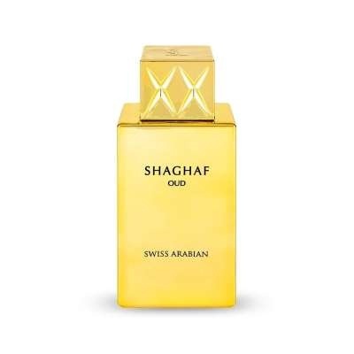 Frasco dourado de perfume Shaghaf Oud da Swiss Arabian