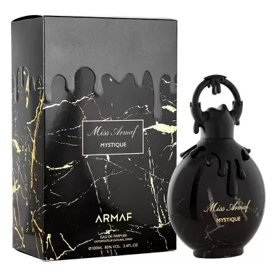 Perfume Miss Armaf Mystique com caixa preta decorada e frasco preto brilhante