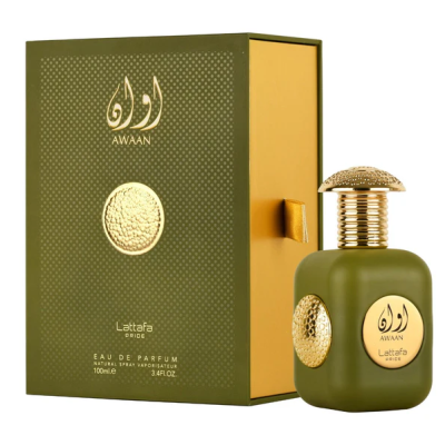 Frasco de perfume AWaan verde com detalhes dourados junto a caixa da mesma cor.